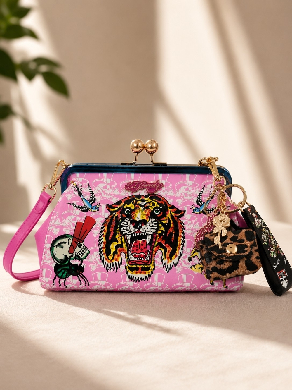 NWT Ed Hardy Pink Tiger Kiss Lock Satchel Purse w/ Charm & Wristlet